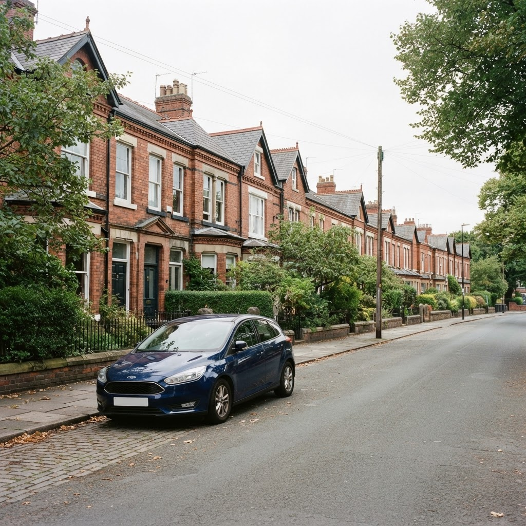 Car parked outside houses on a residential North West England street
