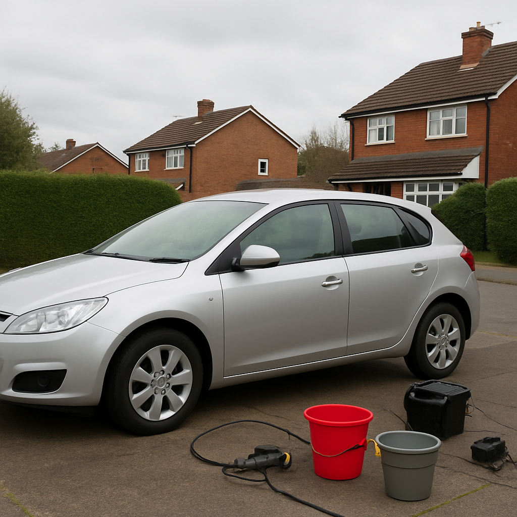 Mobile detailing setup on a residential driveway