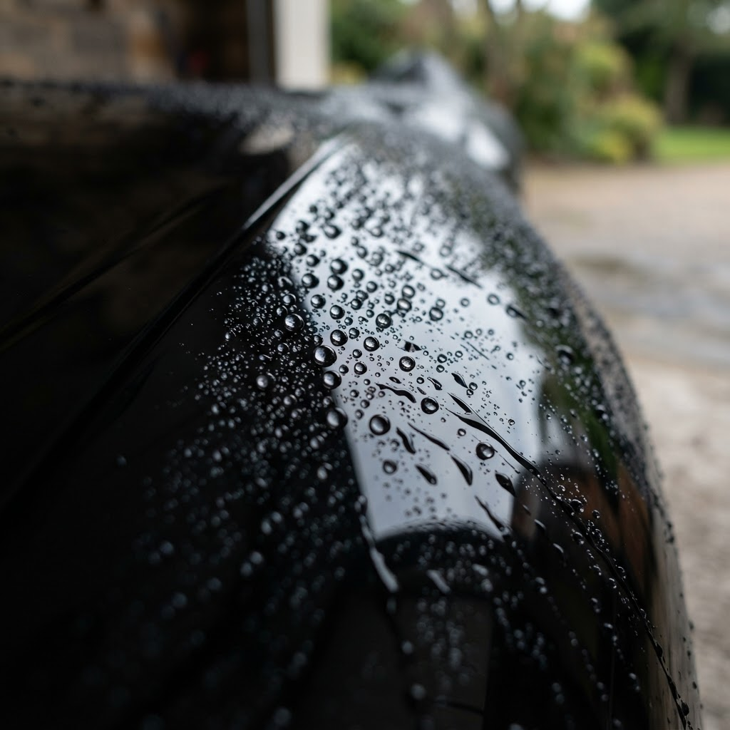 Water beading in perfect droplets on a freshly ceramic coated car bonnet