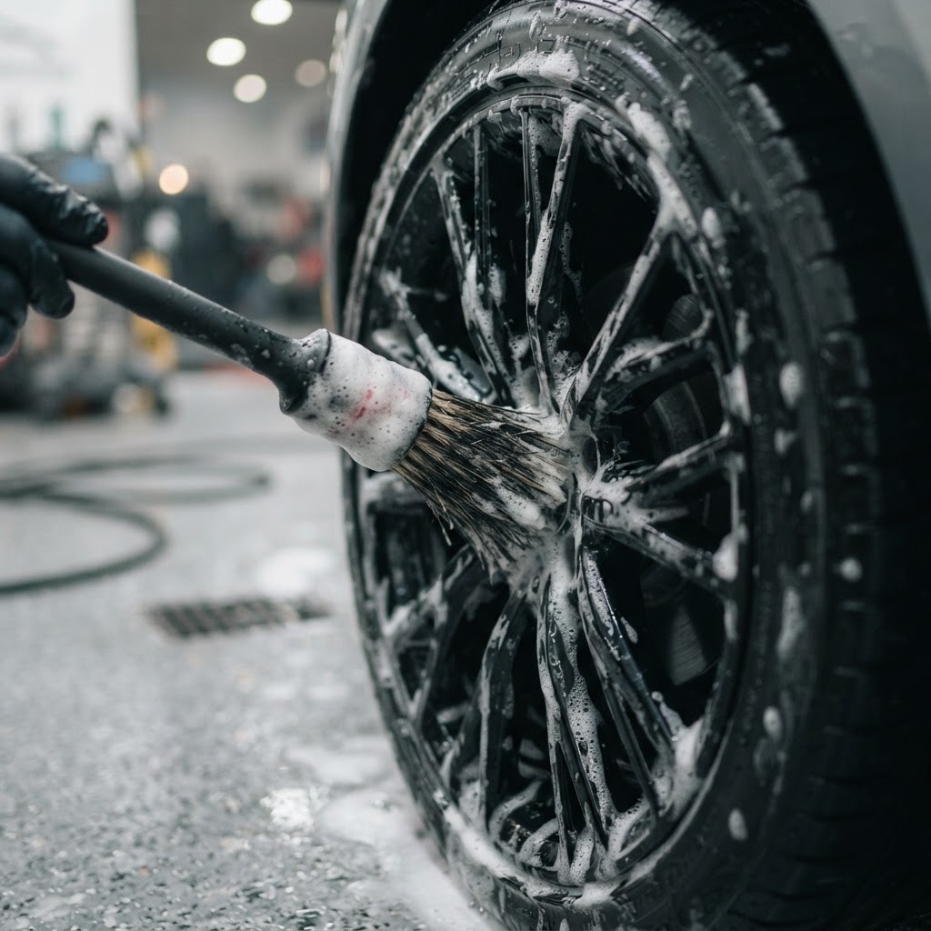 Detailing brush cleaning a car alloy wheel covered in suds