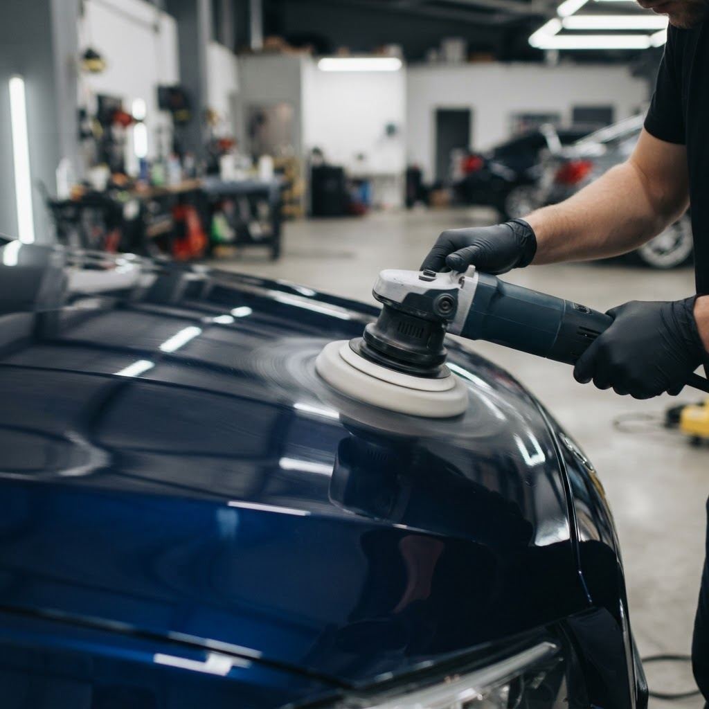 Dual-action polishing machine buffing a car bonnet to a glossy finish