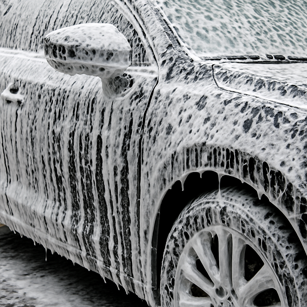 Thick white snow foam covering a car's bodywork during a maintenance wash